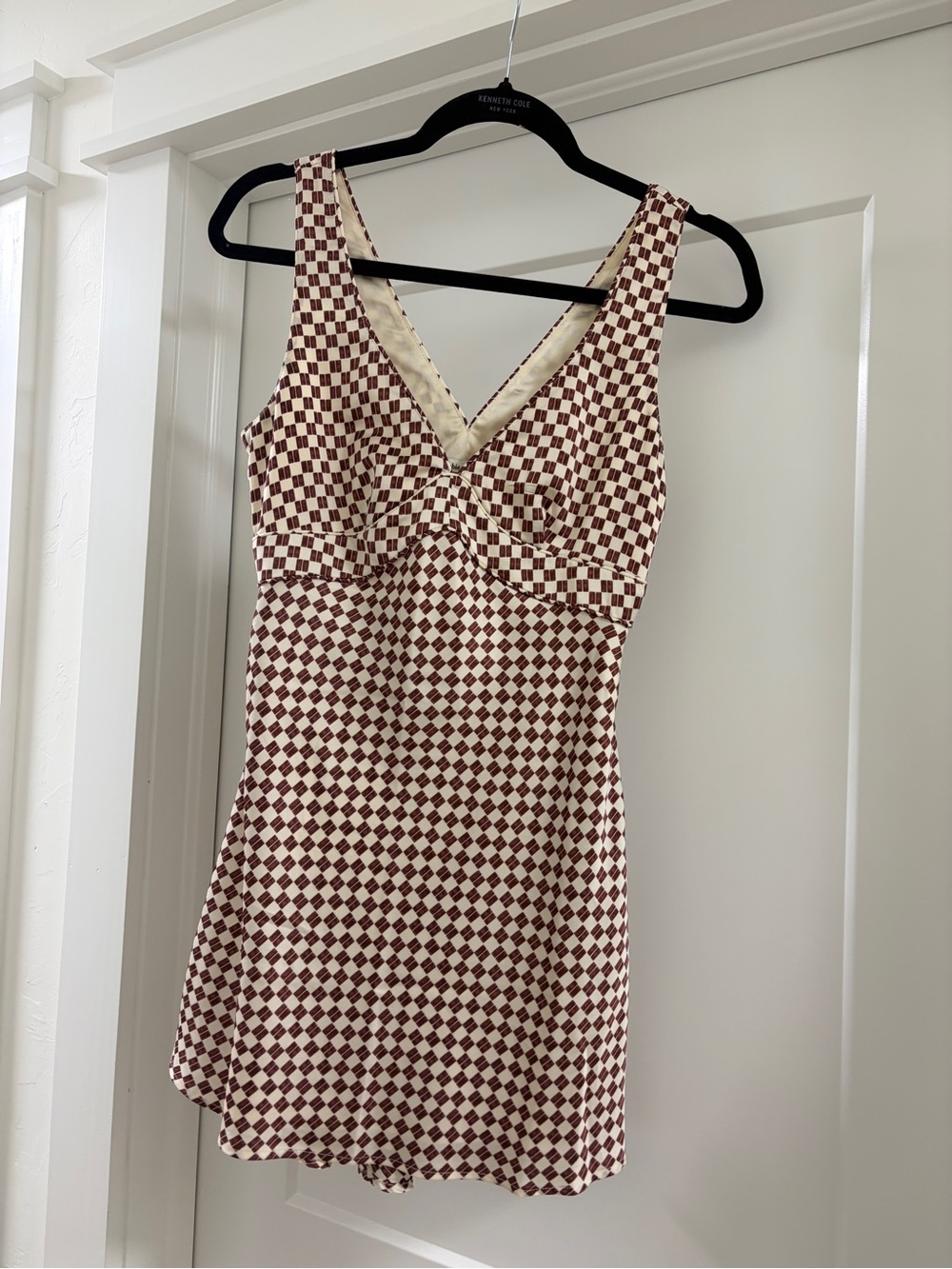 Abercrombie & Fitch Cream and Brown Checkered V-Neck Mini Dress